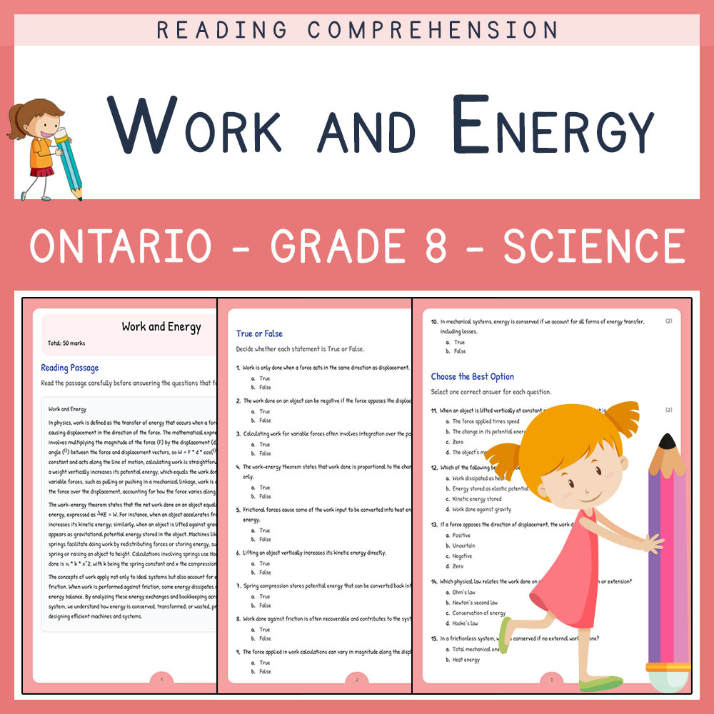 Grade 8 Science worksheet elena worksheet — Grade 8 Science | Work and Energy Worksheet Elena | Ontario Standards — page 1