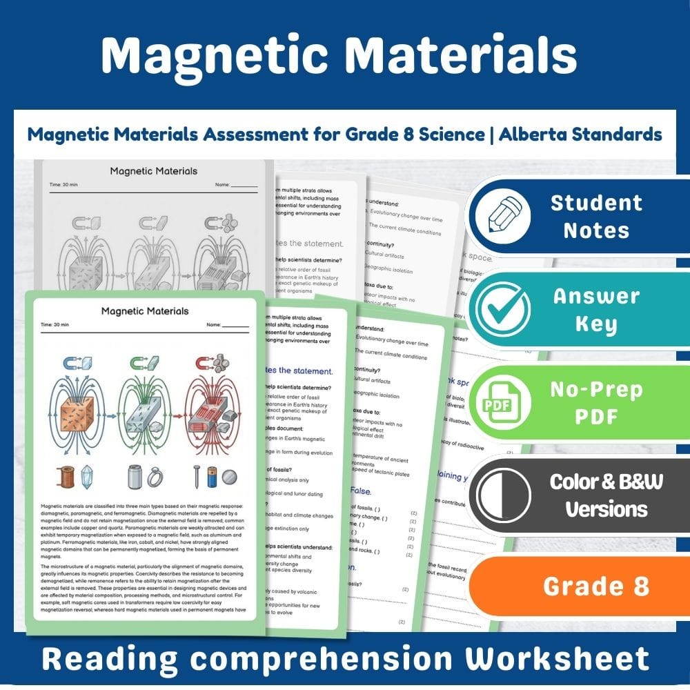 Grade 8 Science assessment worksheet — Magnetic Materials Assessment for Grade 8 Science | Alberta Standards — page 1