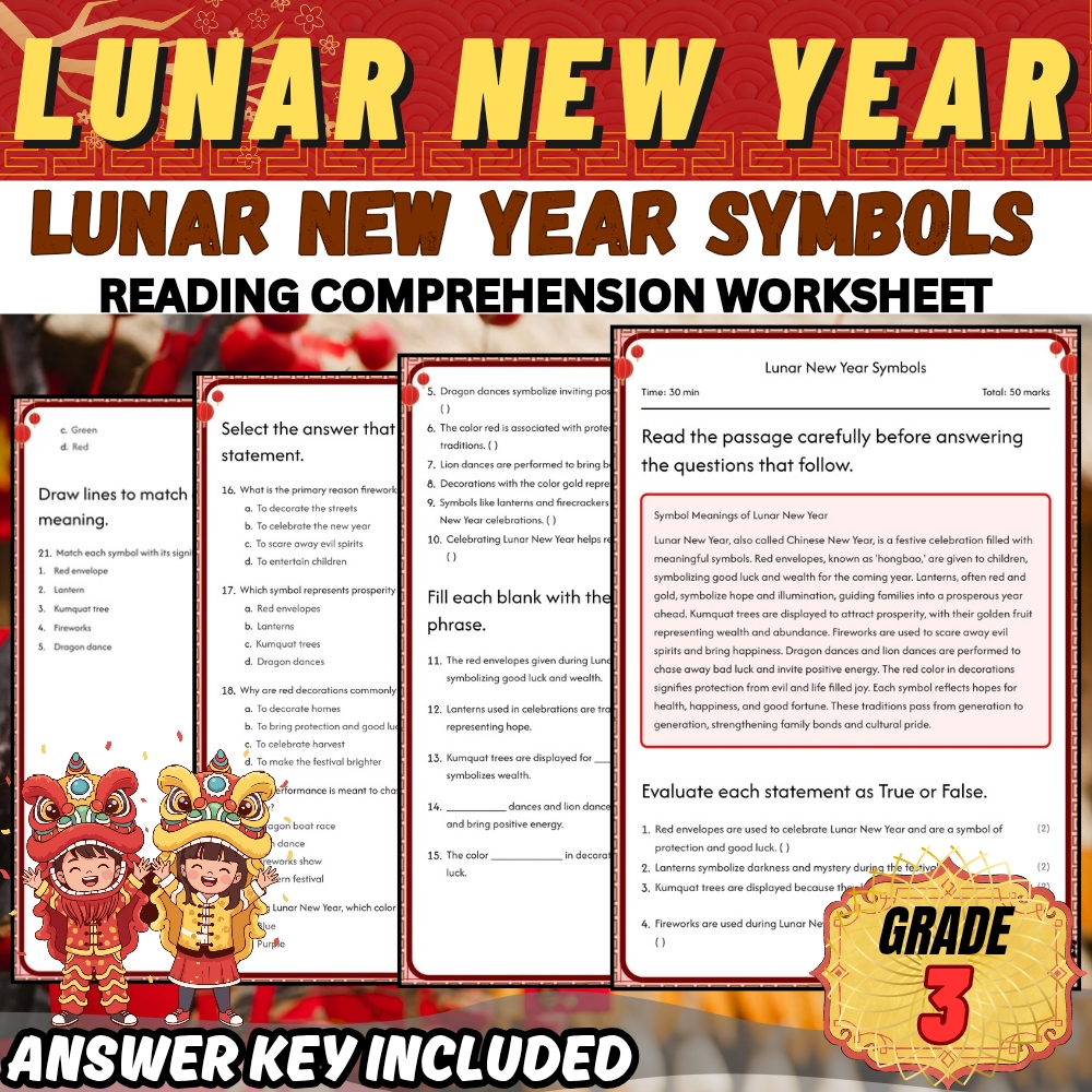Grade 3 Holiday Lunar New Year Symbols Worksheet for Mastery | PDF + Answer Key