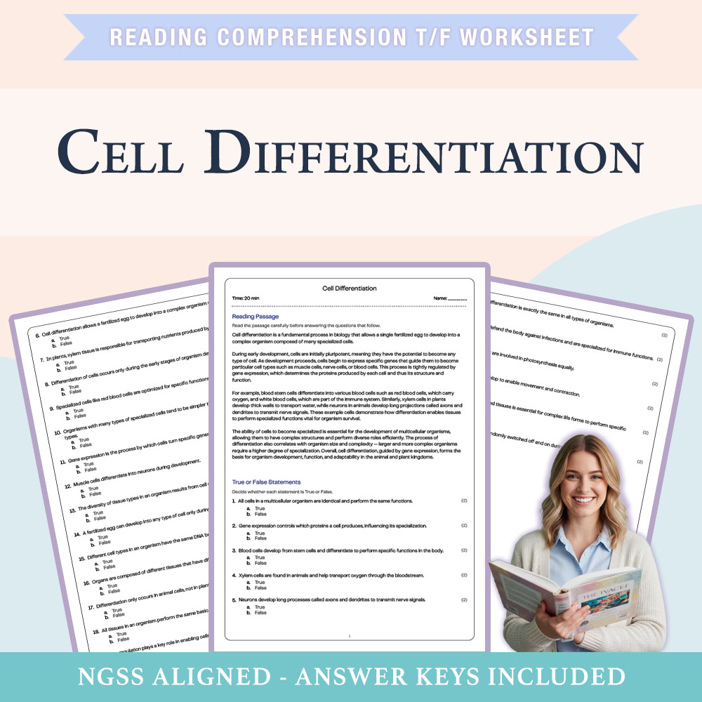 Science reading comprehensions true or false worksheet worksheet — Grade 6 Science | Cell Differentiation True or False Wo…