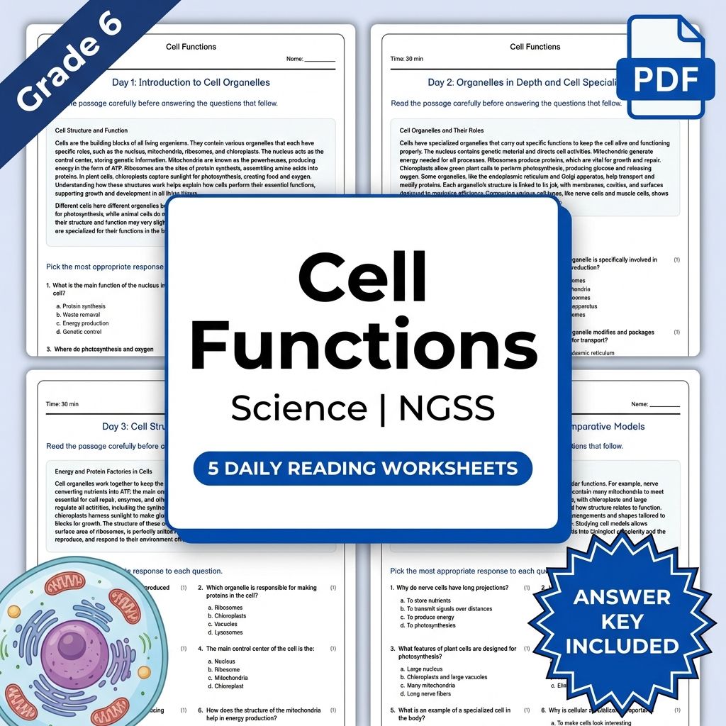 Grade 6 Science – Cell Functions Daily Reading Worksheet (PDF+ Answer Key)