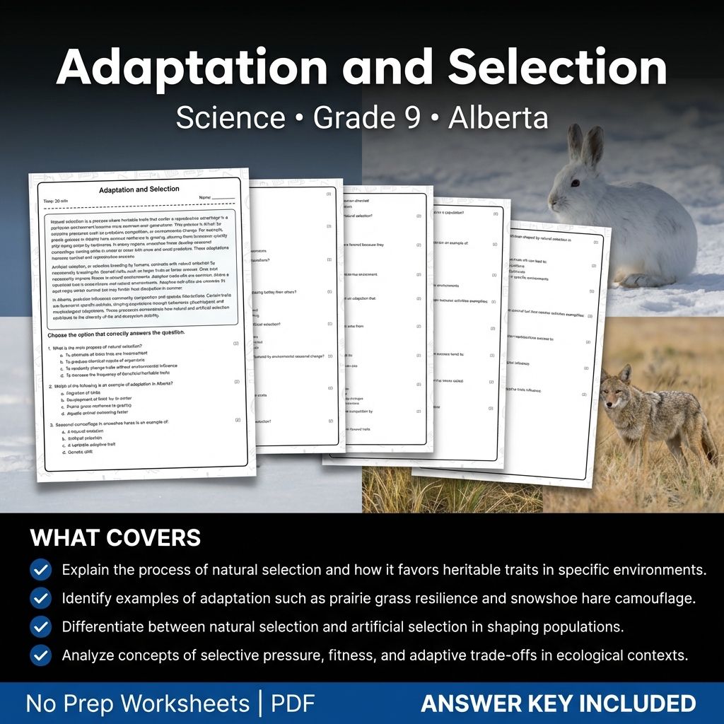 Grade 9 Science Worksheet Adaptation and Selection | Alberta Standards