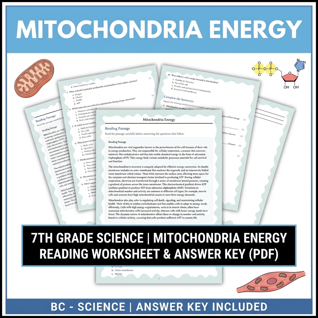 7th Grade Science | Mitochondria Energy Reading Worksheet & Answer Key (PDF)