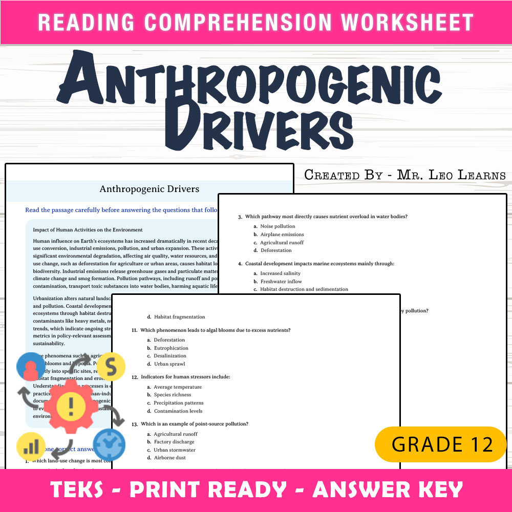 Grade 12 Science worksheet worksheet — Grade 12 Science — Anthropogenic Drivers Worksheet for Mastery — page 1
