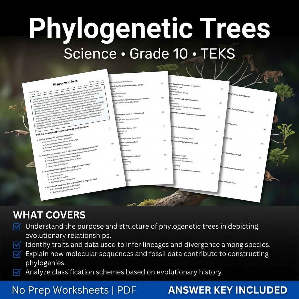 Grade 10 Science Worksheet on Phylogenetic Trees | TEKS-Aligned Practice