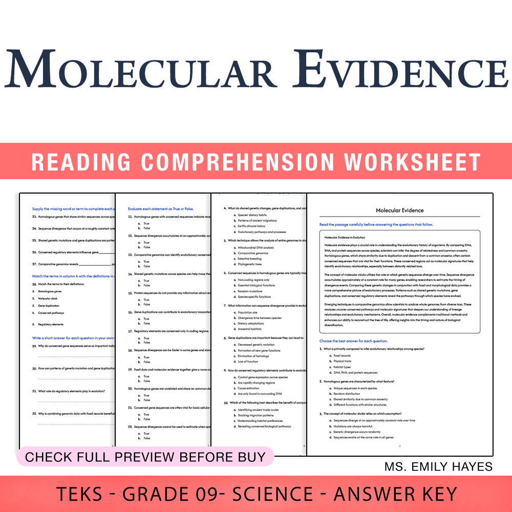 Grade 9 Science worksheet worksheet — 9th Grade Science | Molecular Evidence Worksheet (PDF+ Answer Key) — page 1
