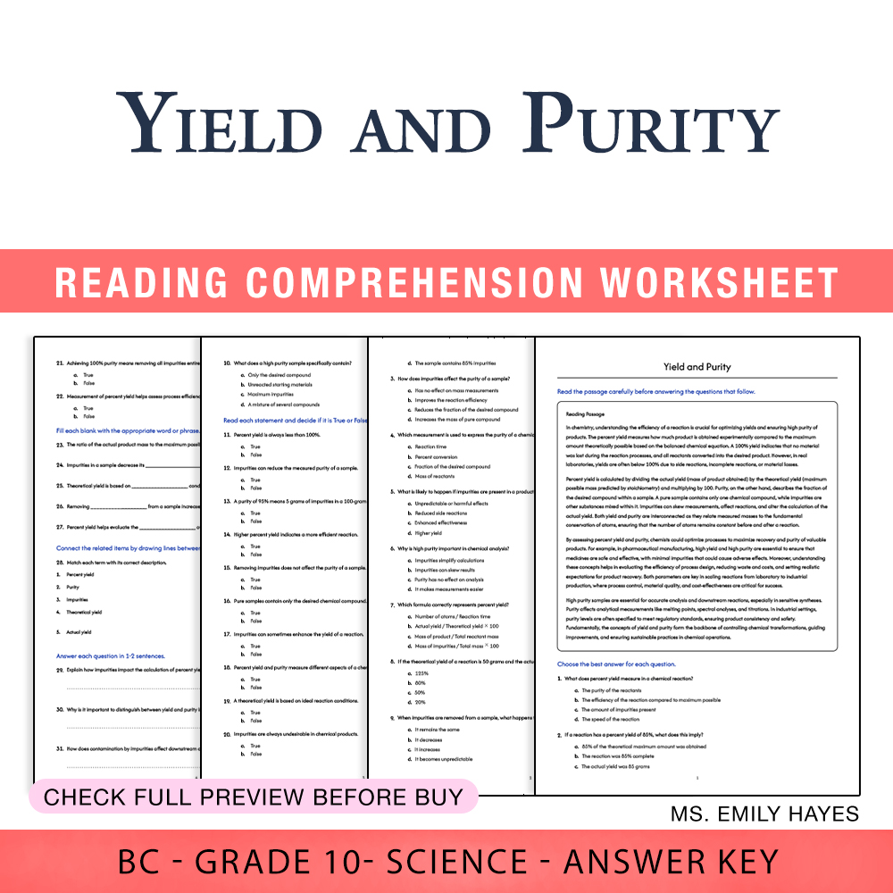 Grade 10 Science worksheet worksheet — Grade 10 Science | Yield and Purity Worksheet (PDF + Answer Key) — page 1