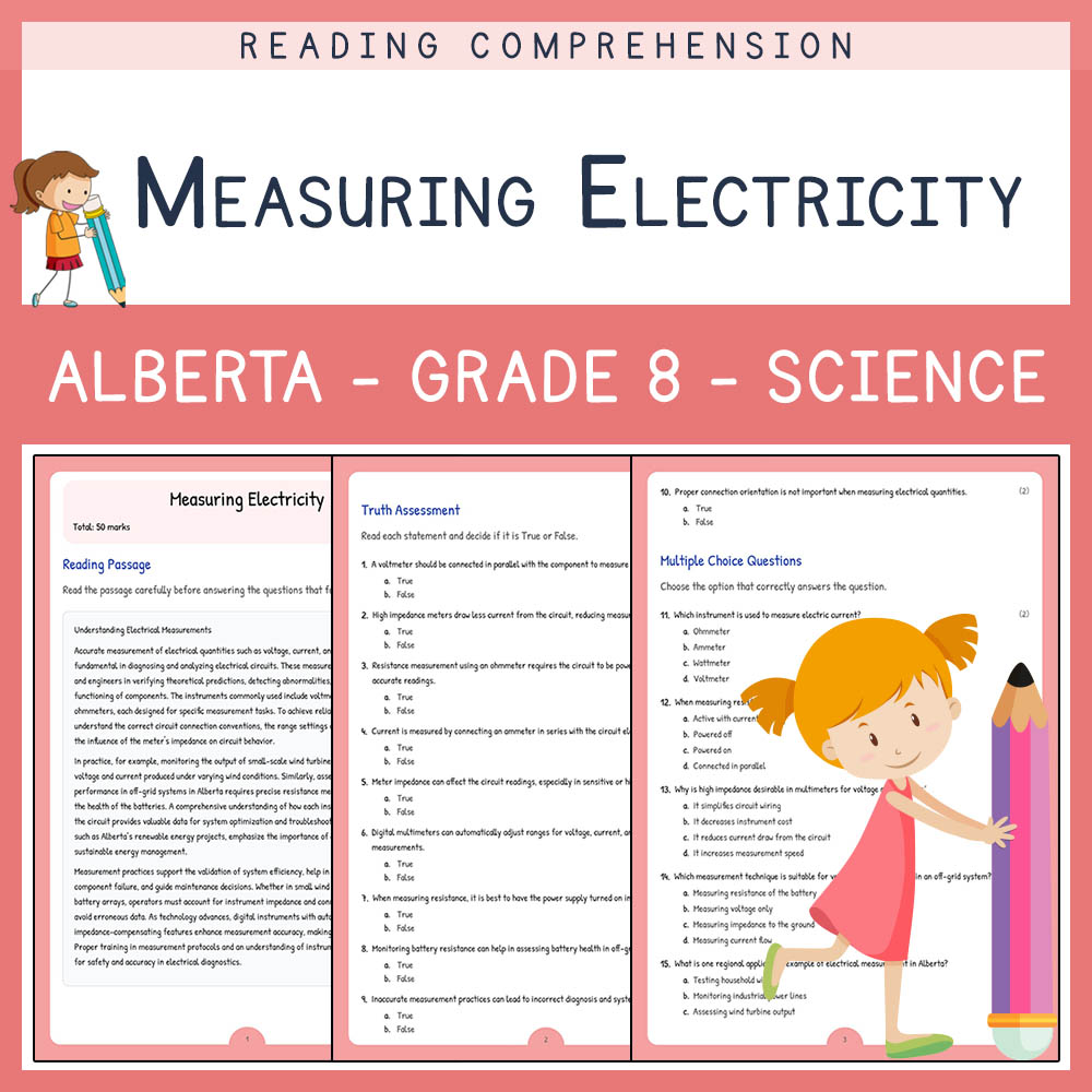 Grade 8 Science worksheet elena worksheet — Grade 8 Science | Measuring Electricity Worksheet | Alberta Standards — page 1