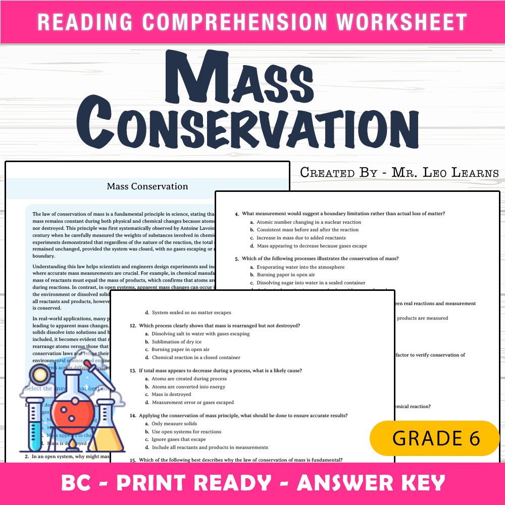 Grade 6 Science worksheet mcq paper worksheet — Grade 6 Science — Mass Conservation Worksheet for Mastery — page 1