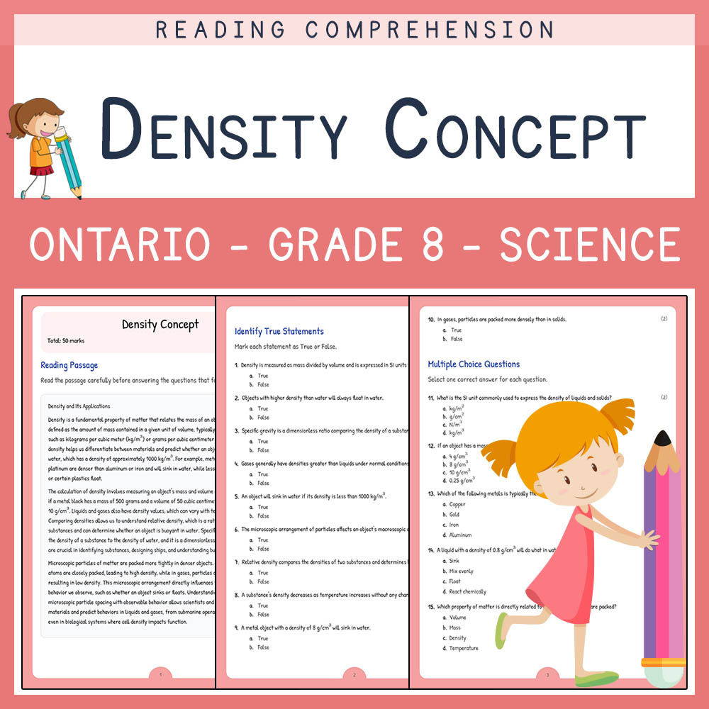 Grade 8 Science worksheet elena worksheet — Grade 8 Science Assessment | Density Concept Worksheet Elena | Ontario — page 1