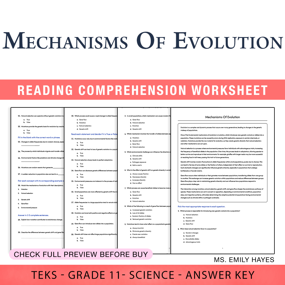 Grade 11 Science worksheet worksheet — Grade 11 Science | Mechanisms of Evolution Worksheet (PDF+ Answer Key) — page 1
