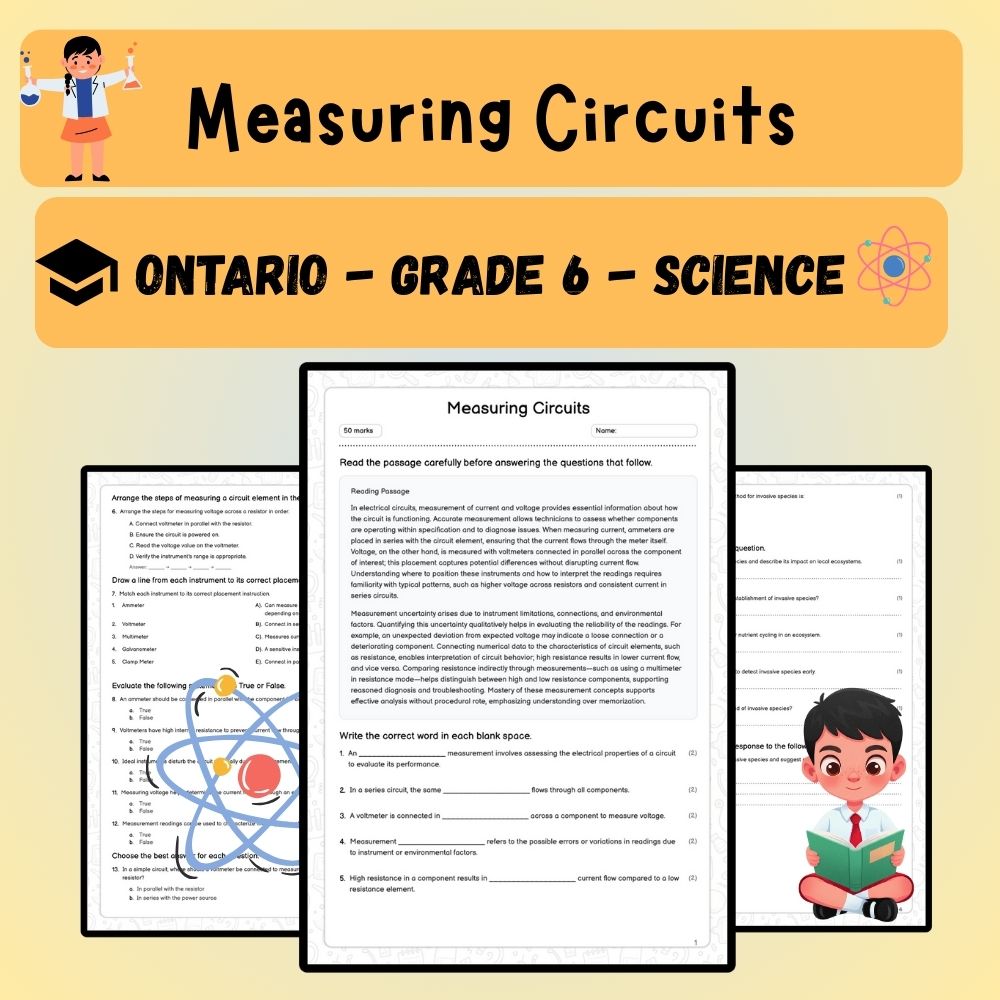 Grade 6 Science worksheet worksheet — Grade 6 Science – Measuring Circuits Worksheet (PDF) | Ontario Standards — page 1