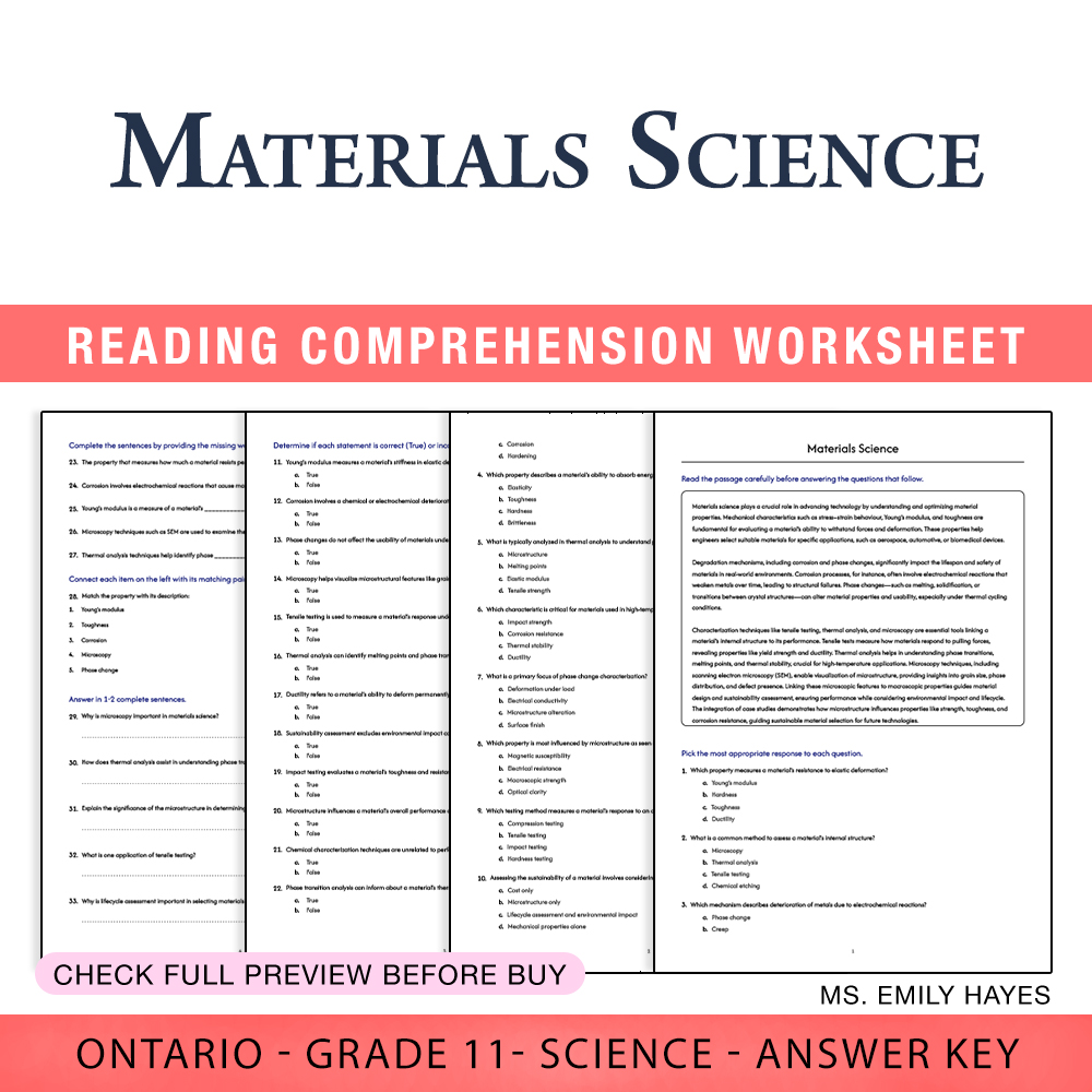Grade 11 Science worksheet worksheet — 11th Grade Science | Materials Science Worksheet (PDF + Answer Key) — page 1