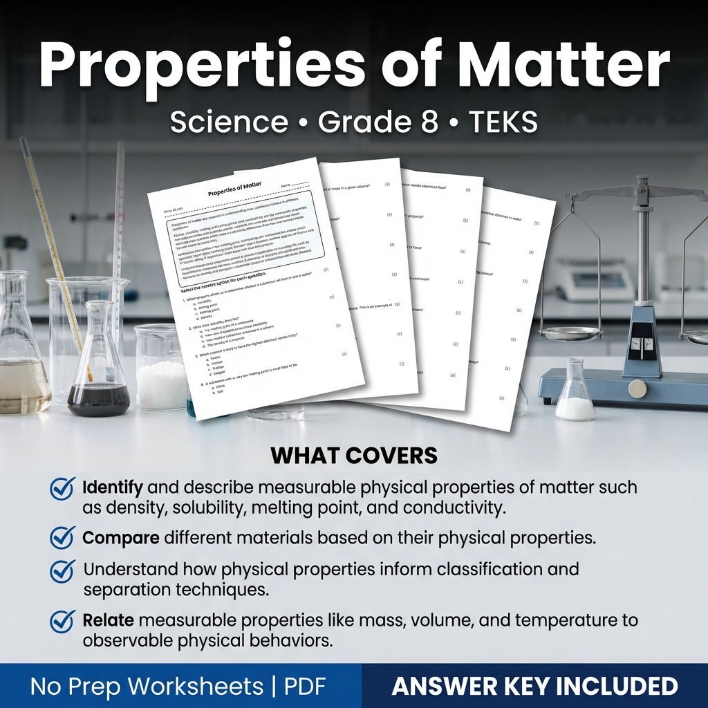 Properties of Matter Worksheet Grade 8 Science | TEKS Practice PDF