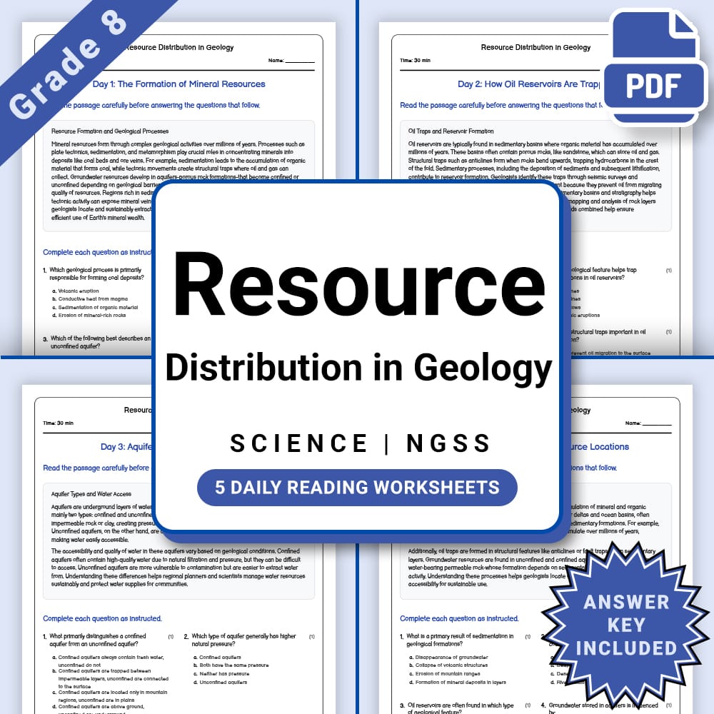 Grade 8 Science daily reading worksheet worksheet — Grade 8 Science – Resource Distribution in Geology Worksheet(PDF + Ans…