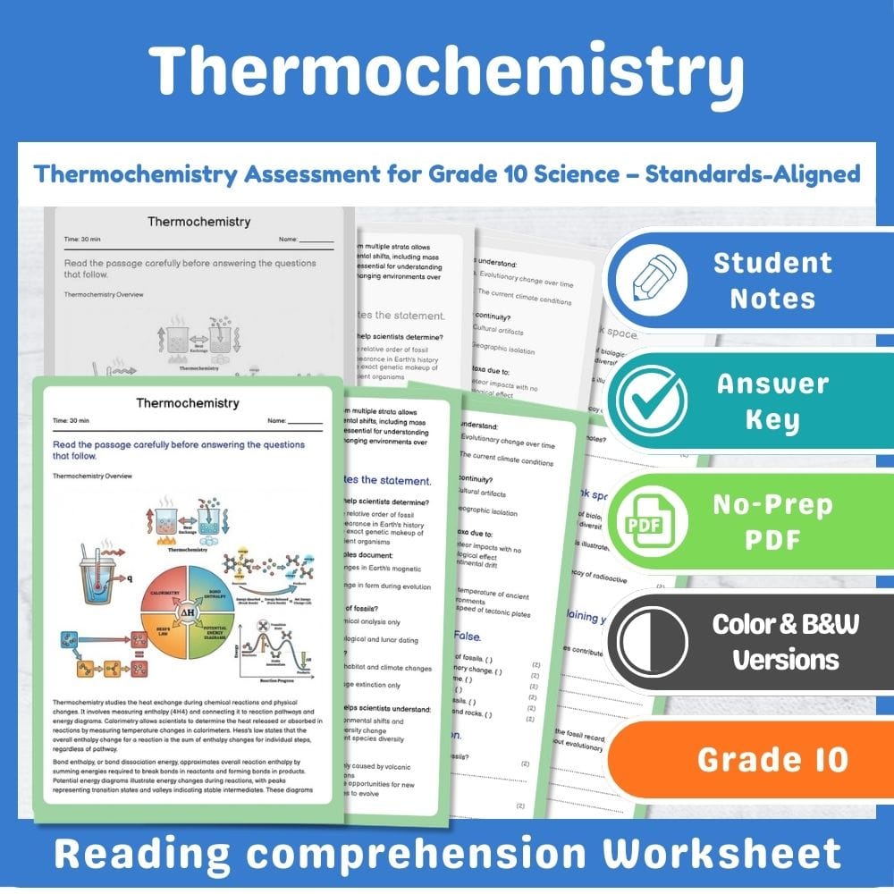 Grade 10 Science assessment worksheet — Thermochemistry Assessment for Grade 10 Science – Standards-Aligned — page 1