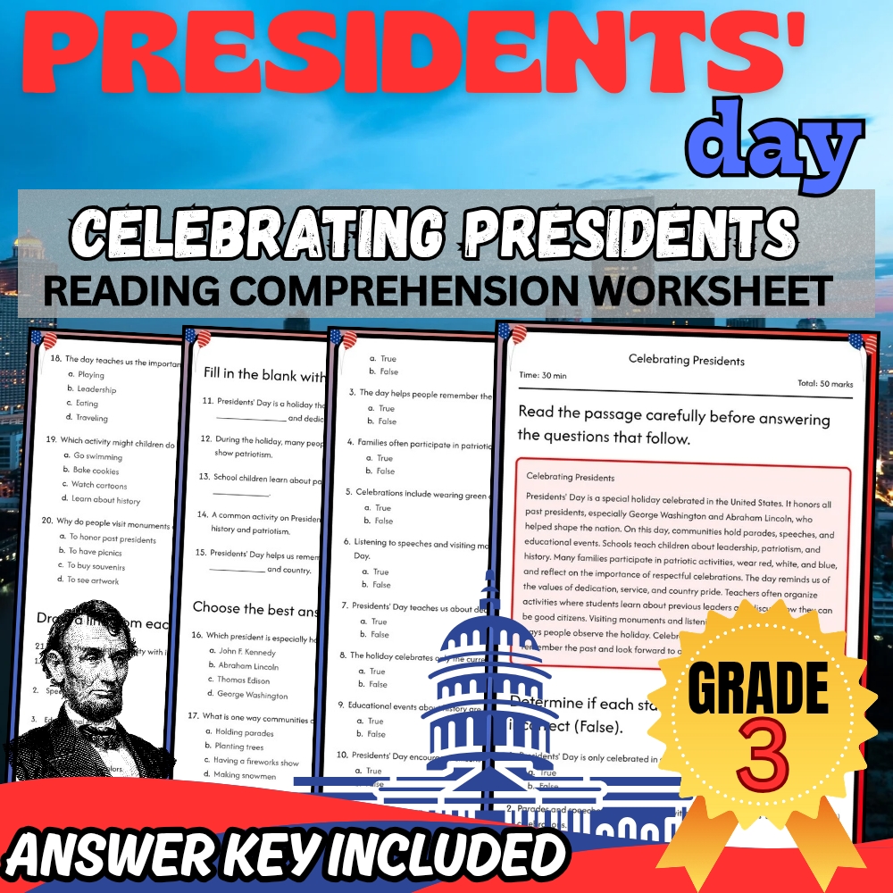 Grade 3 Presidents' Day Bundle Holiday & U.S. History Worksheets for Classrooms — included worksheet 3