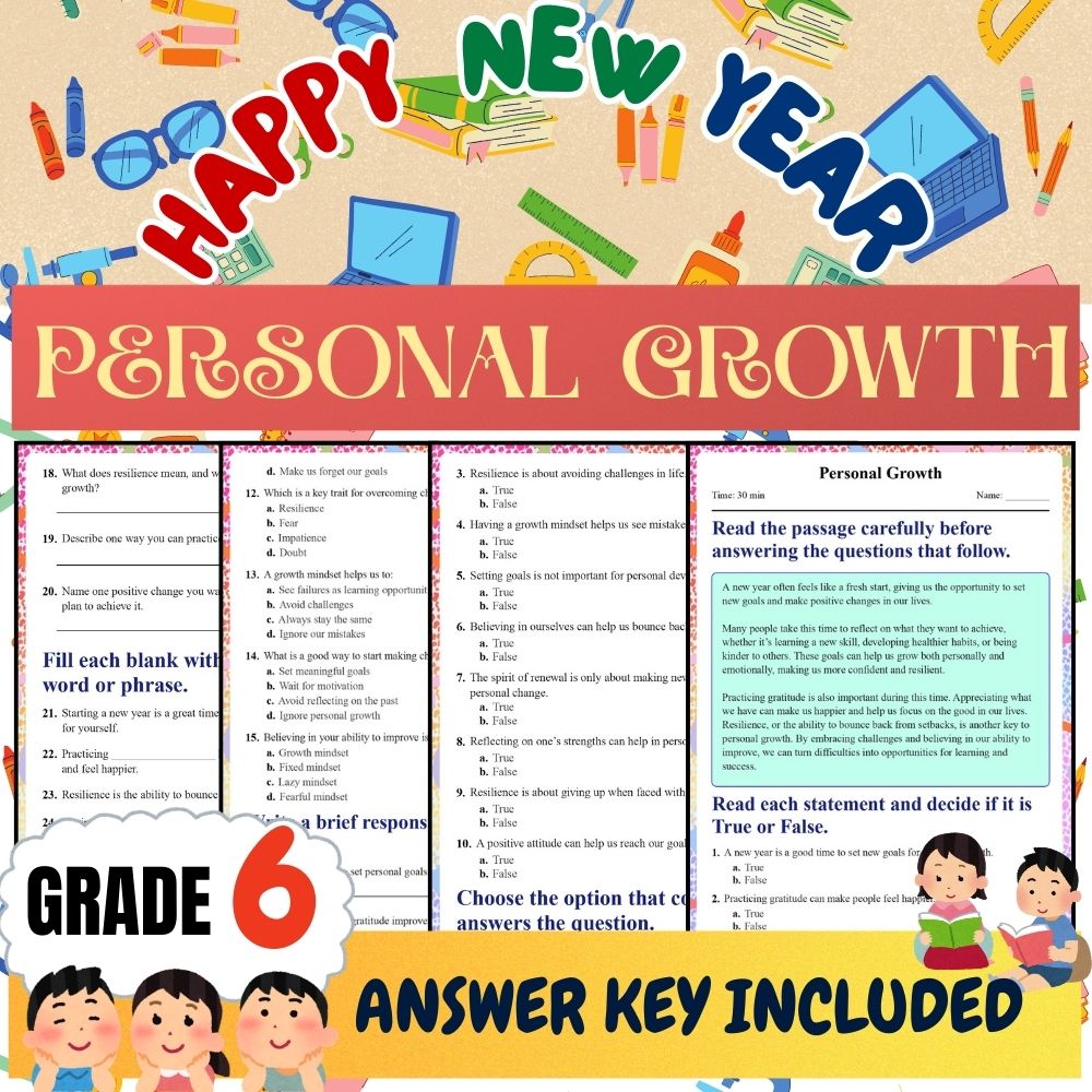 Grade 6 Seasonal grade 3 new year worksheet — Grade 6 Seasonal  Personal Growth Worksheet for New Year | PDF + Answer Key