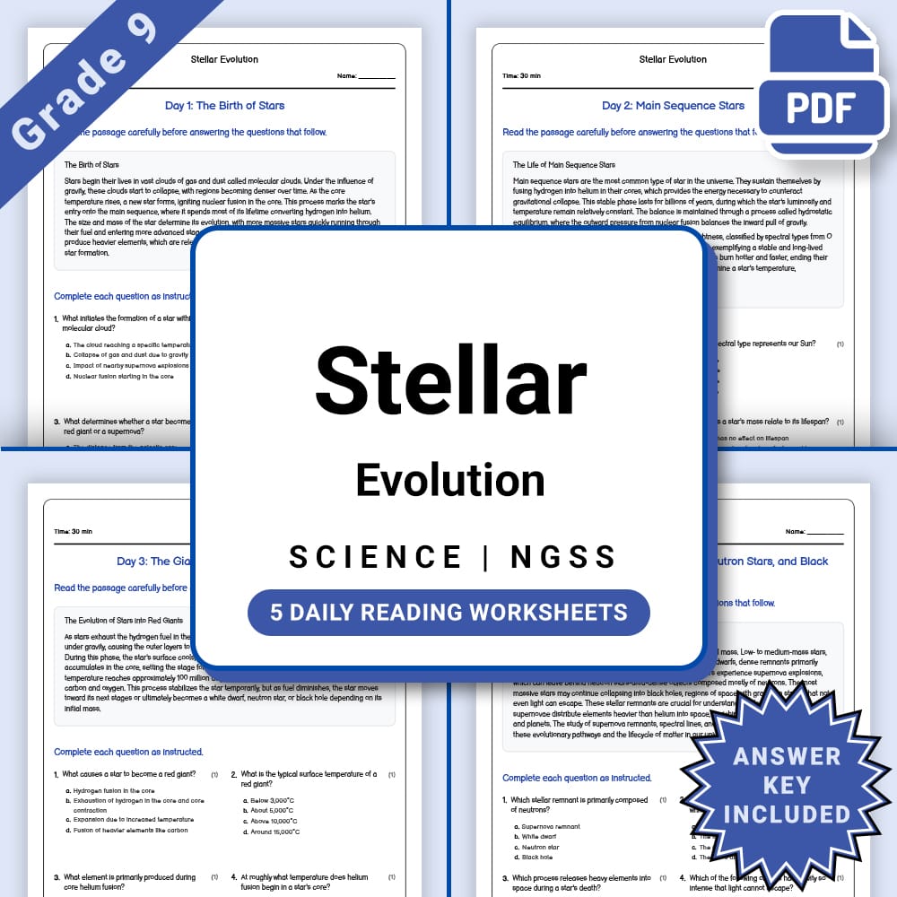 Grade 9 Science daily reading worksheet worksheet — Grade 9 Science – Stellar Evolution Worksheet(PDF + Answer Key) — page 1