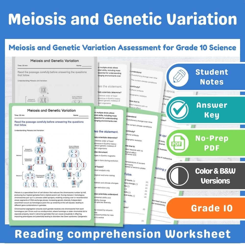 Grade 10 Science assessment worksheet — Meiosis and Genetic Variation Assessment for Grade 10 Science — page 1