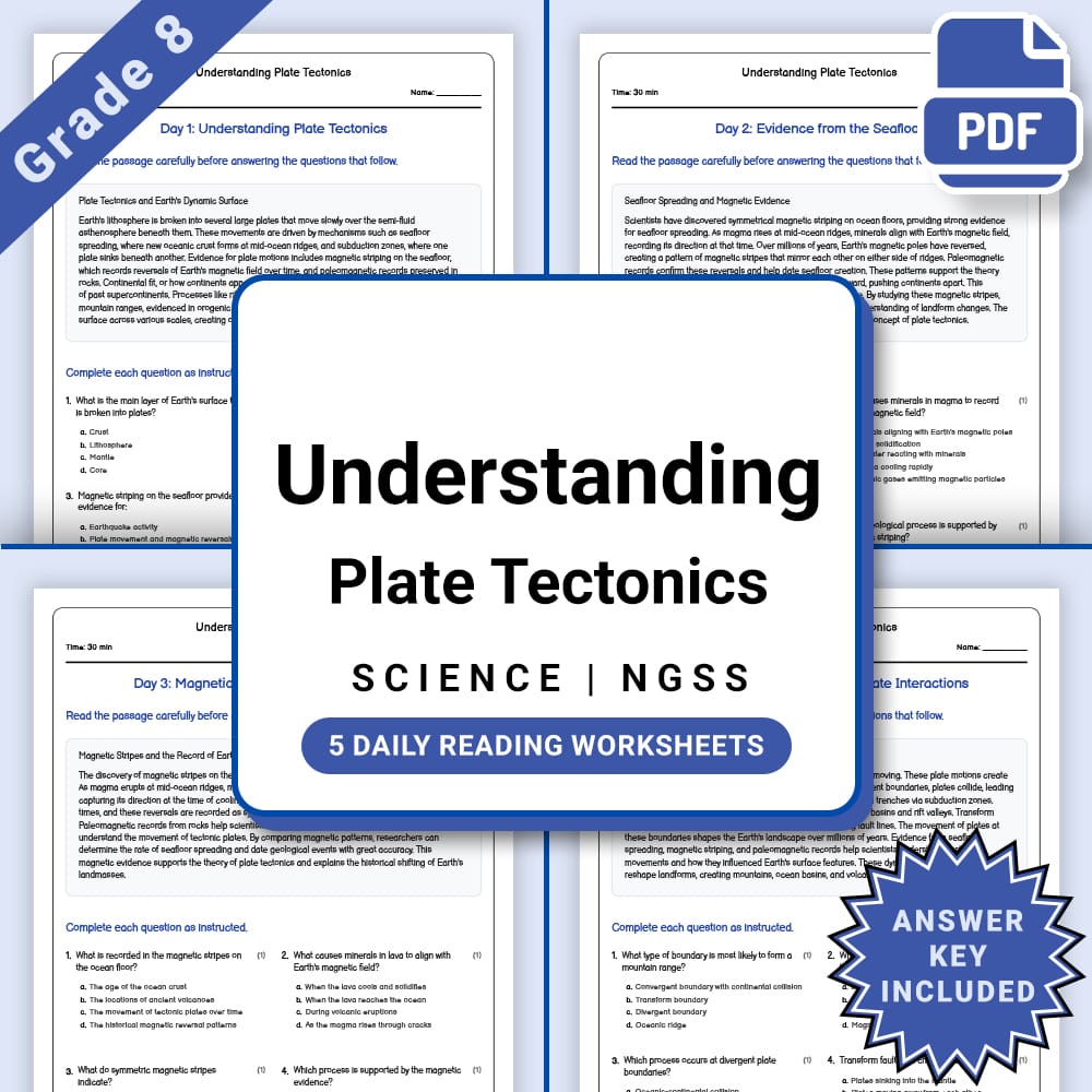 Grade 8 Science daily reading worksheet worksheet — Grade 8 Science – Plate Tectonics Daily Reading Worksheet(PDF + Answer…