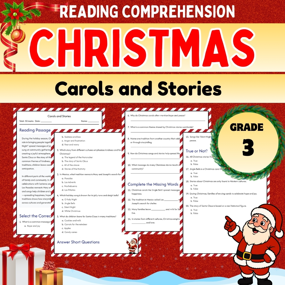 Grade 3 Holiday | Carols and Stories Christmas Worksheet