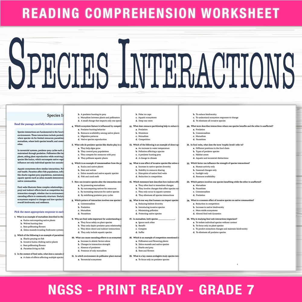 Grade 7 Science worksheet worksheet — Grade 7 Science | Species Interactions Worksheet (PDF + Answer Key) — page 1