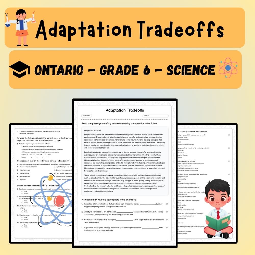 Grade 6 Science worksheet worksheet — 6th Grade Science | Adaptation Tradeoffs Worksheet (PDF ) — page 1