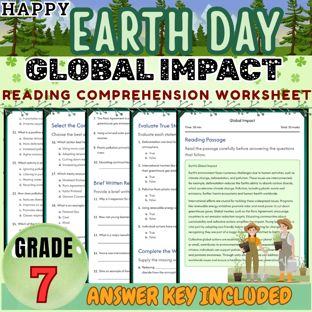 Grade 7 Seasonal Bundle|Earth Day & Sustainability Worksheets (PDF + Answer Key) — included worksheet 1