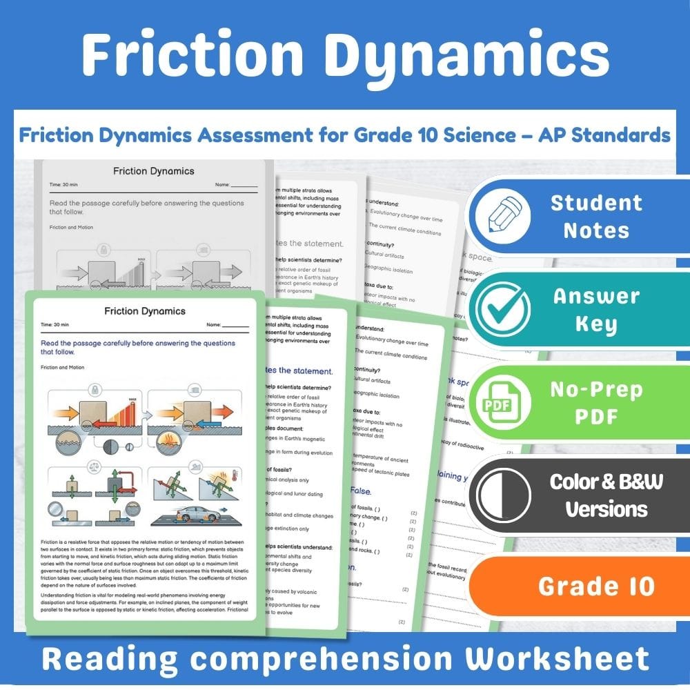 Grade 10 Science assessment worksheet — Friction Dynamics Assessment for Grade 10 Science – AP Standards — page 1