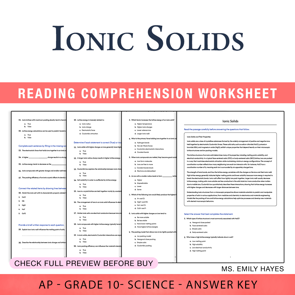 Grade 10 Science worksheet worksheet — 10th Grade Science | Ionic Solids Mastery Worksheet (PDF + Answer Key) — page 1