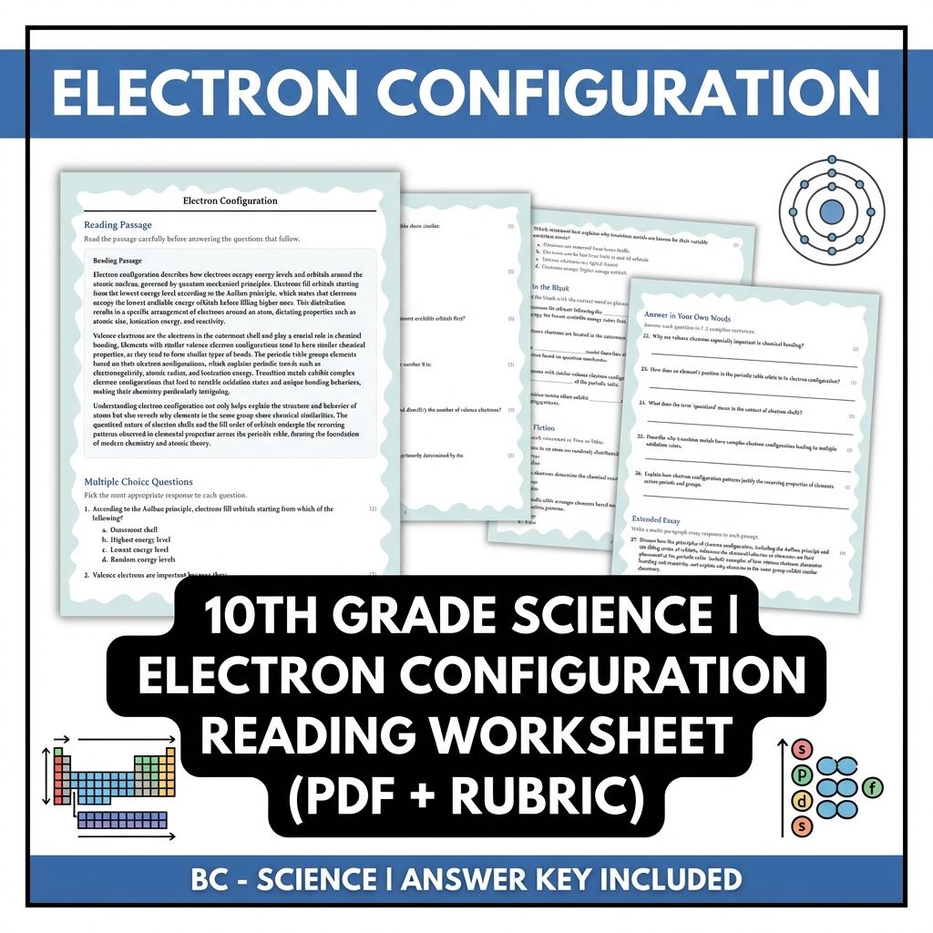 Grade 10 Science reading worksheets — 10th Grade Science | Electron Configuration Reading Worksheet (PDF + Rubric)