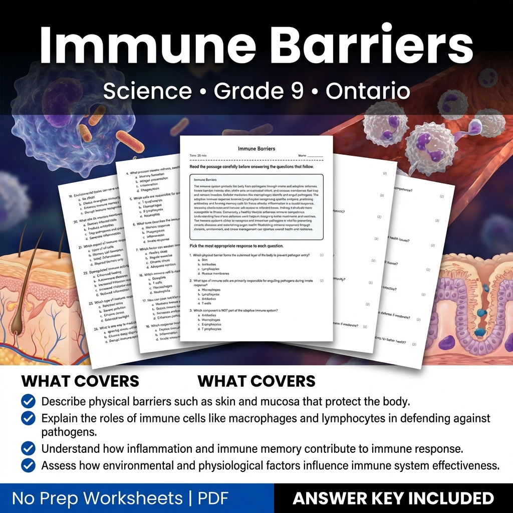 Grade 9 Science Worksheet on Immune Barriers | Ontario Standards