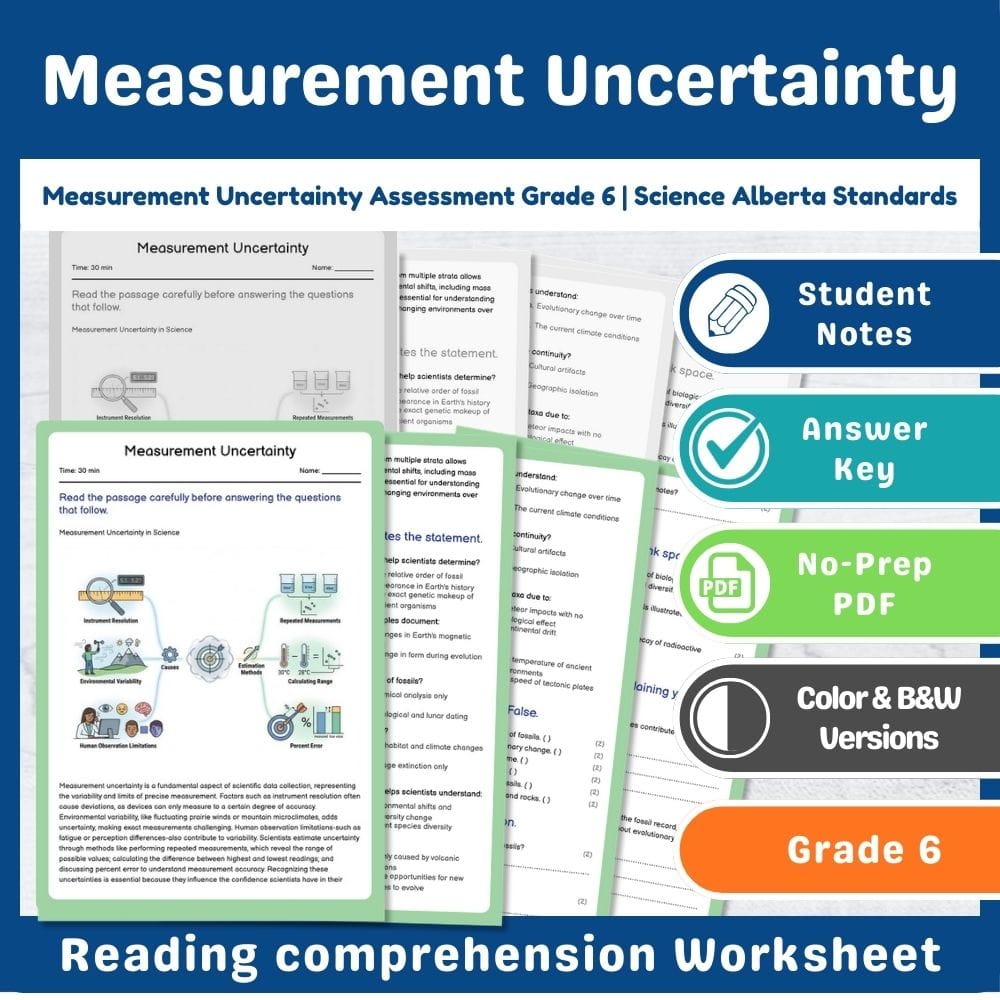 Grade 6 Science assessment worksheet — Measurement Uncertainty Assessment Grade 6 | Science Alberta Standards — page 1