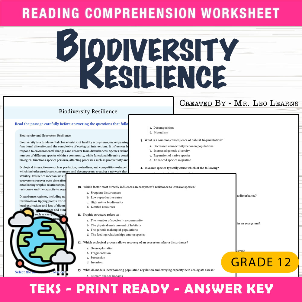 Grade 12 Science worksheet worksheet — Grade 12 Science — Biodiversity Resilience Worksheet for Mastery — page 1