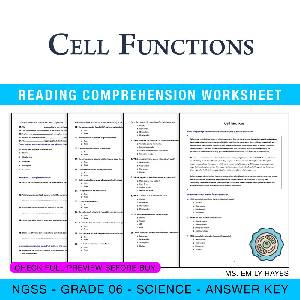 Grade 6 Science worksheet worksheet — 6th Grade Science | Cell Functions Worksheet (PDF + Answer Key) — page 1