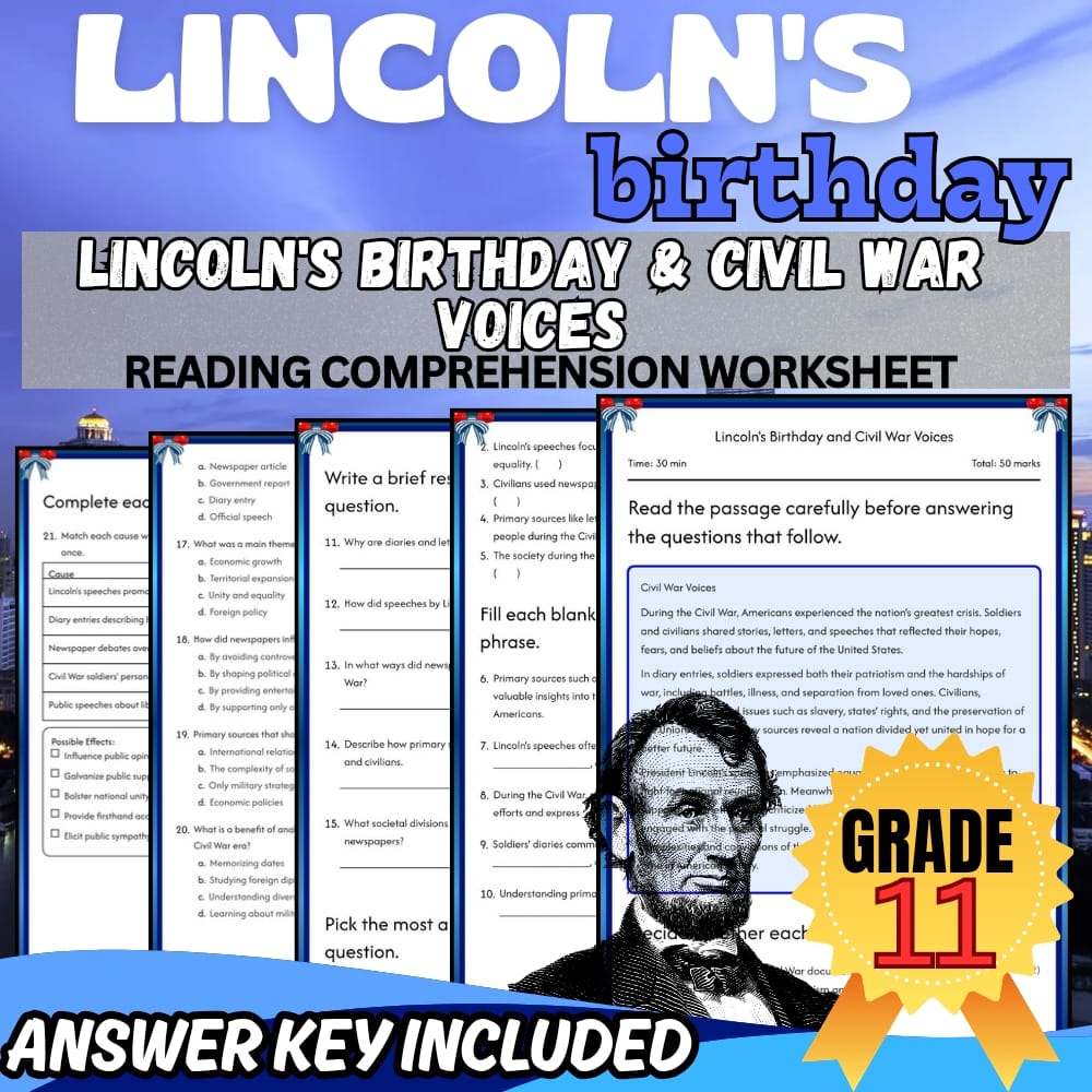 Grade 11 | Lincoln's Birthday for Mastering Civil War Voices | PDF + Answer Key