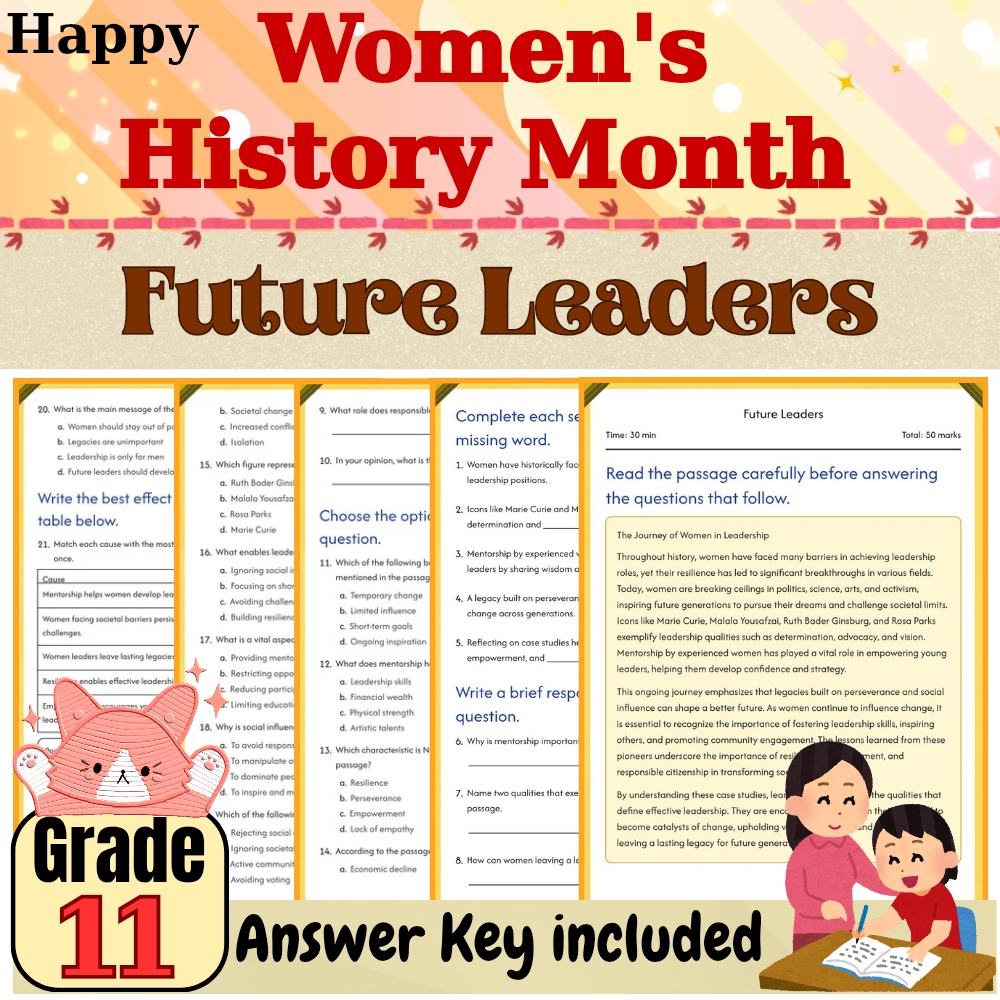 Grade 11  Mother History Month Worksheet for Future Leaders | PDF + Answer Key