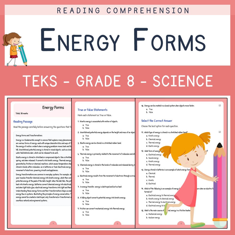 Grade 8 Science worksheet elena worksheet — Grade 8 Science | Energy Forms Worksheet | TEKS-Aligned — page 1