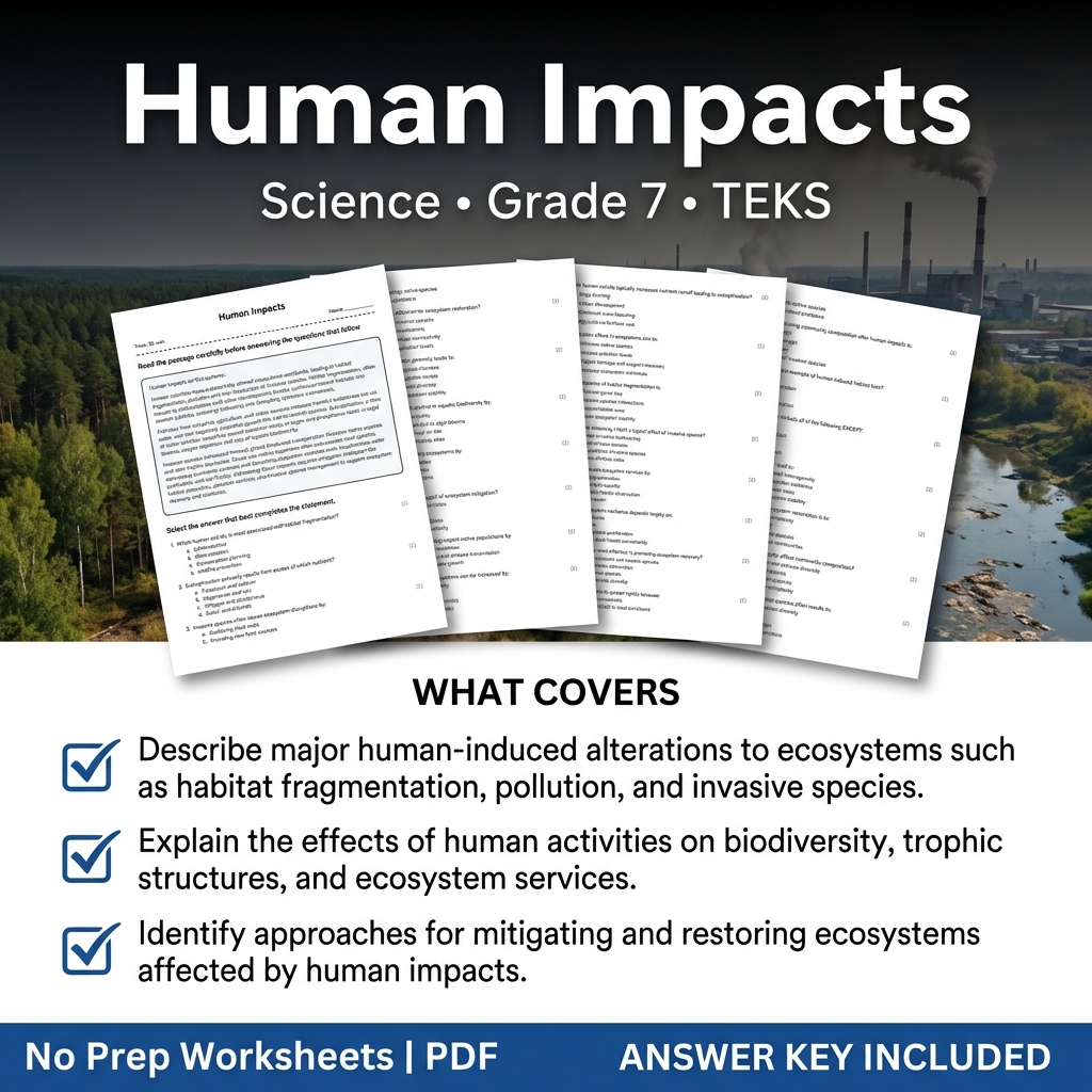 Grade 7 Science worksheet — Grade 7 Science Worksheet on Human Impacts | TEKS Aligned Practice