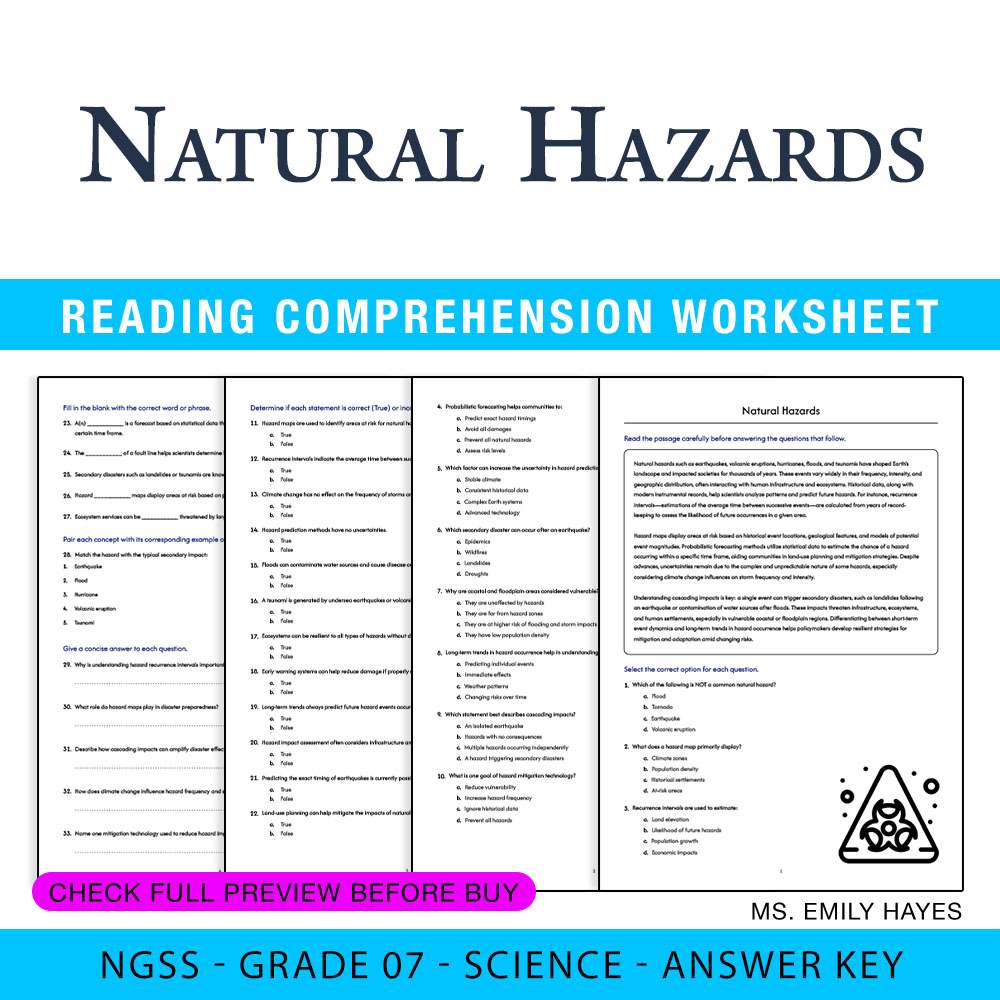 Grade 7 Science worksheet worksheet — 7th Grade Science | Natural Hazards Worksheet (PDF+ Answer Key) — page 1