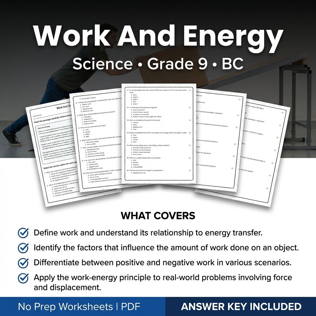 Work and Energy Worksheet Grade 9 Science BC Standards printable PDF