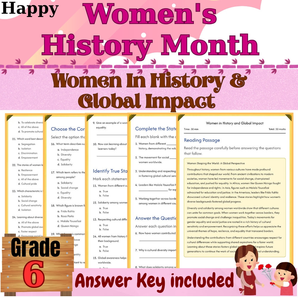Grade 6 Seasonal Women in History & Impact Worksheet for Mastery |PDF+Answer Key