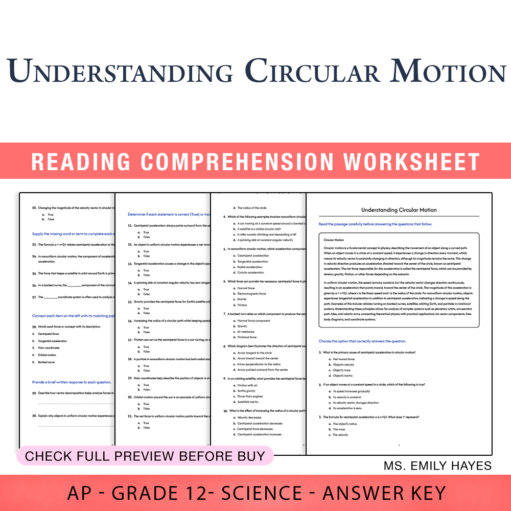 Grade 12 Science worksheet assessment worksheet — 12th Grade Science | Circular Motion Assessment Worksheet (PDF + Answer…