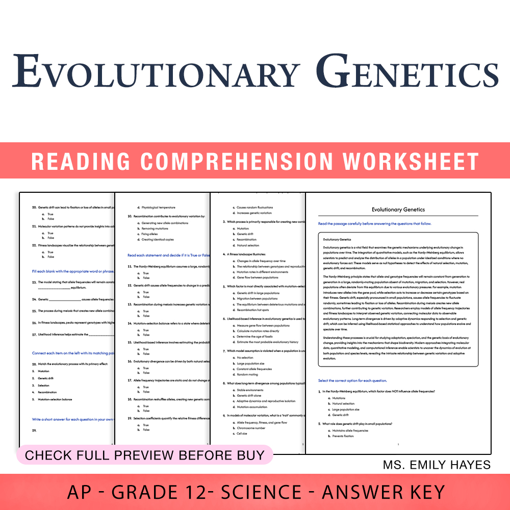 Grade 12 Science worksheet assessment worksheet — 12th Grade Science | Evolutionary Genetics Worksheet (PDF+ Answer Key) —…