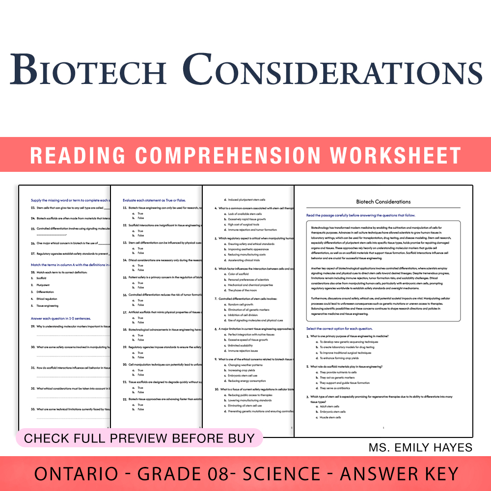 Grade 8 Science worksheet worksheet — 8th Grade Science | Biotech Considerations Worksheet (PDF+ Answer Key) — page 1