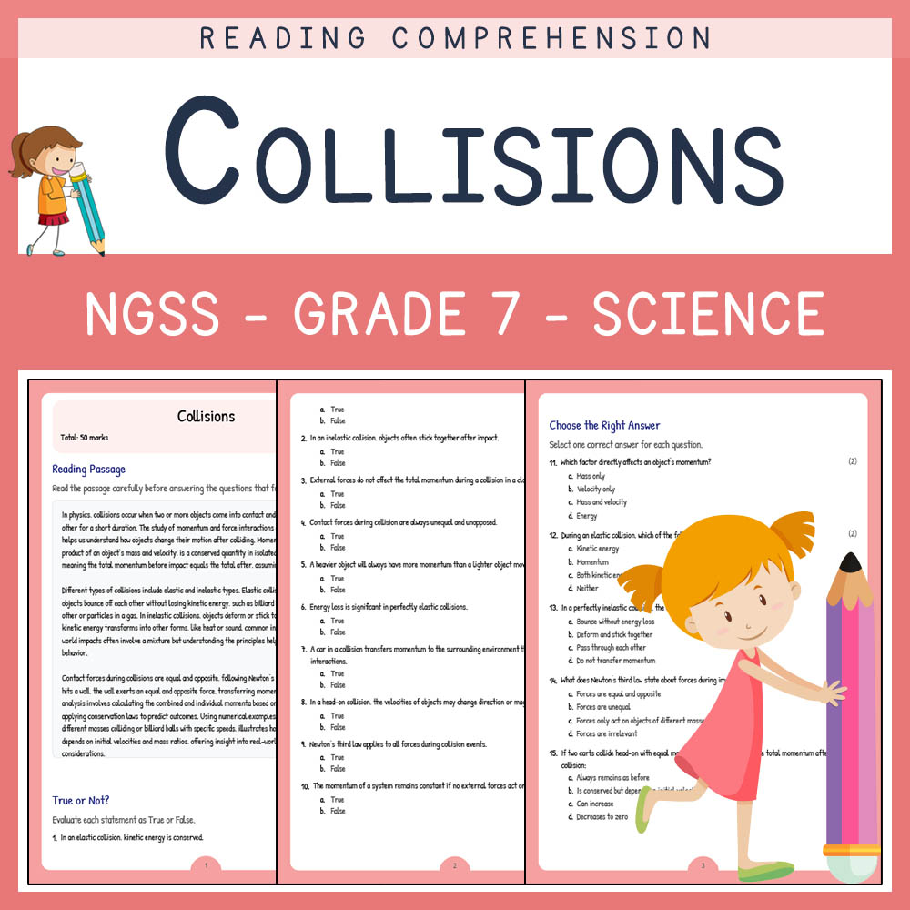 Grade 7 Science worksheet worksheet — Grade 7 Science | Collisions Worksheet & Answer Key | NGSS Aligned — page 1
