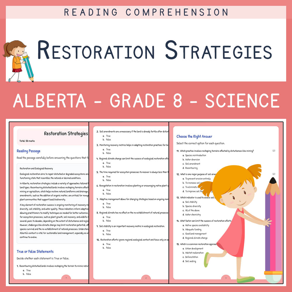 Grade 8 Science worksheet elena worksheet — Grade 8 Science | Restoration Strategies Worksheet | Alberta Standards — page 1