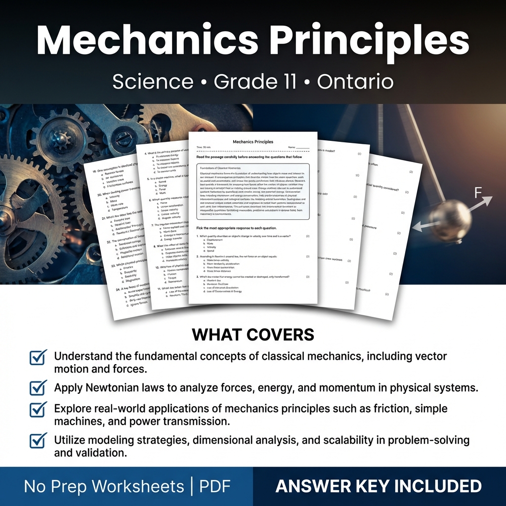 Grade 11 Science Worksheet on Mechanics Principles | Ontario Standards