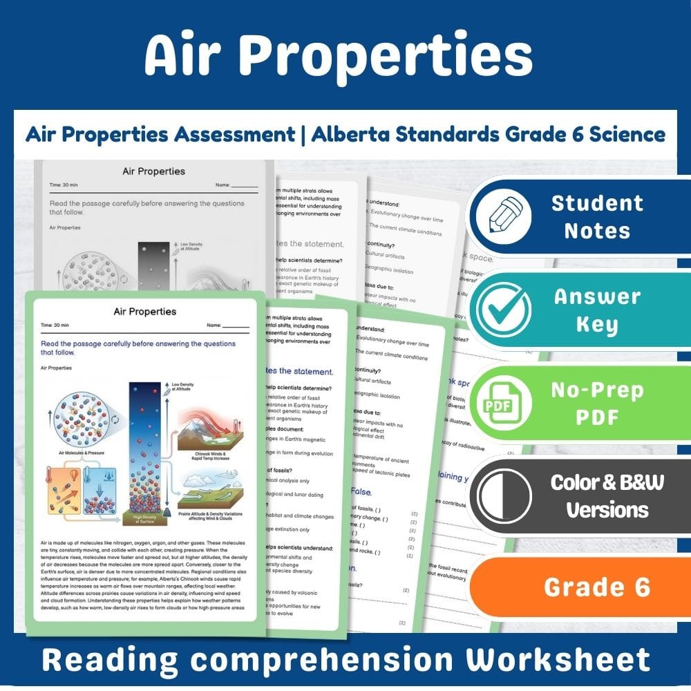 Grade 6 Science assessment worksheet — Air Properties Assessment | Alberta Standards Grade 6 Science — page 1